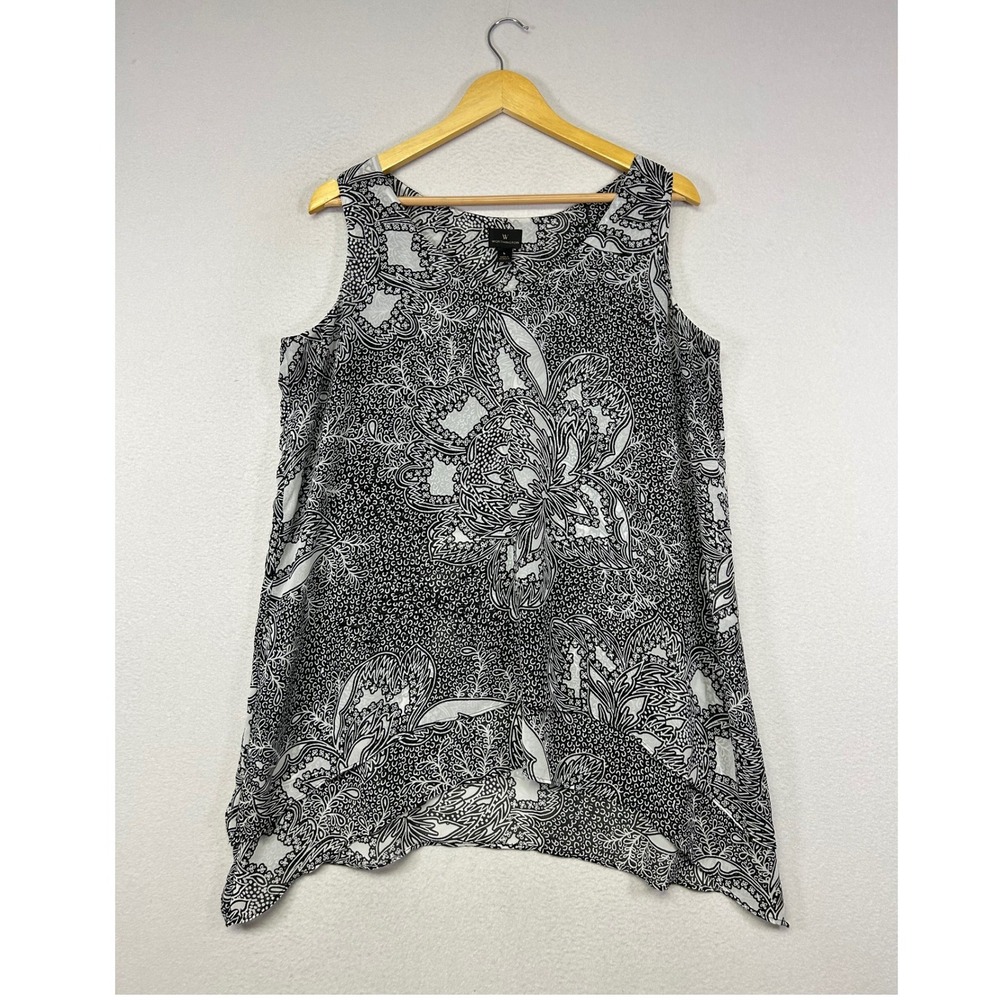 Boho Worthington Womens Large Black White Floral Paisley Sharkbite Tunic Tank